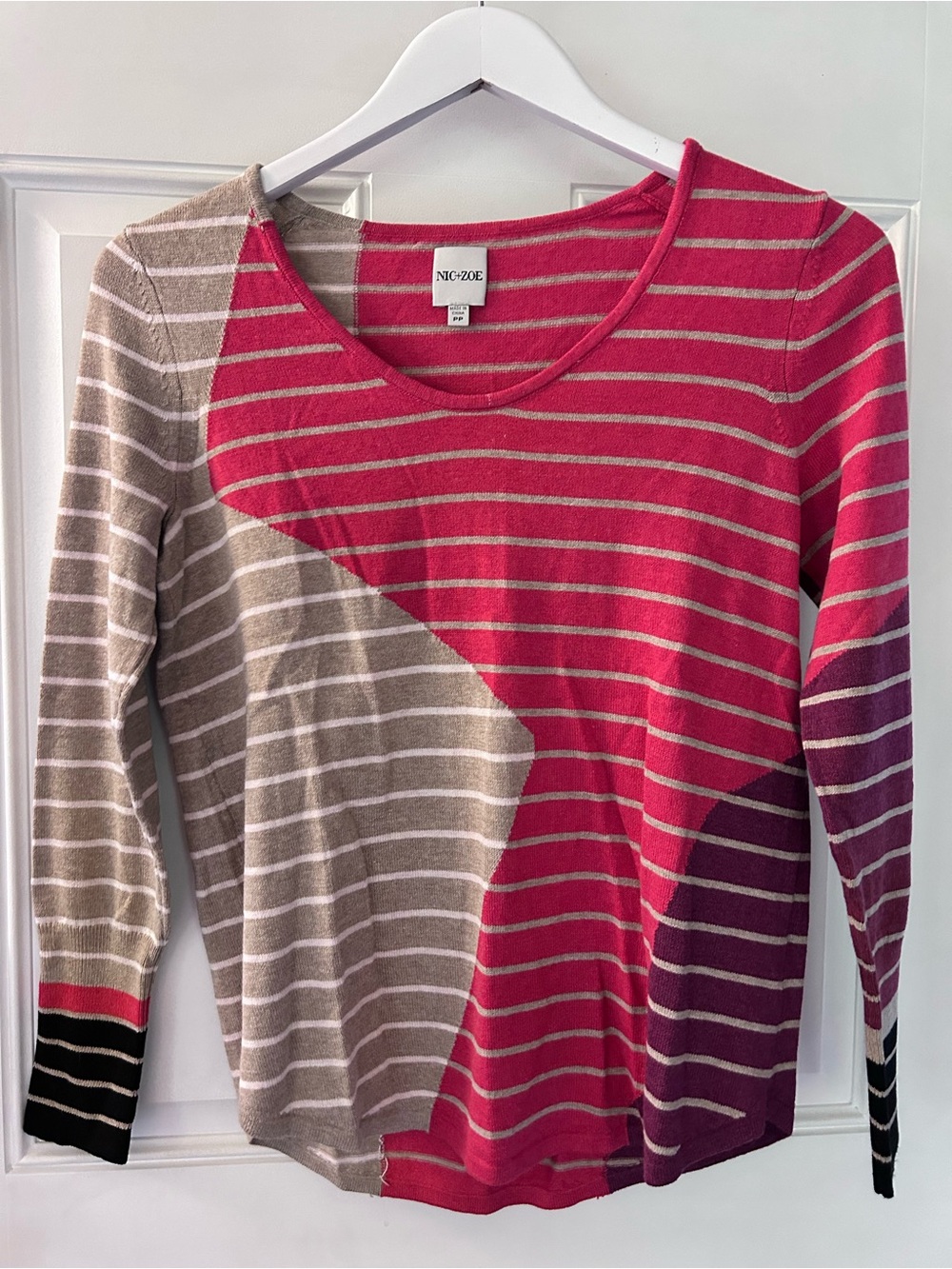 NIC+ZOE Colorblock Striped Long Sleeve Scoop Neck Top - Pink, Taupe & Purple